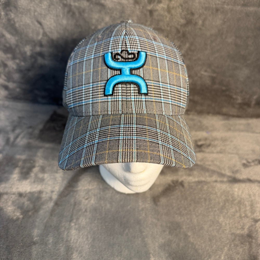 Hooey Men Grey Plaid Flexfit Hat Turquoise Logo Western Baseball Cap L-XL